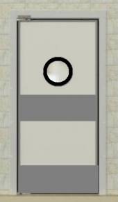 Маятниковая дверь одностворчатая МДО(ОН)-1000.2200-40, рама в обхват, окно круглое р., отбойники