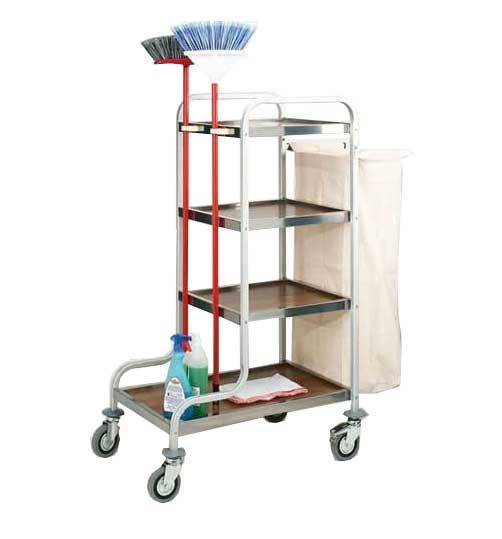 Тележка для горничных ТН6 ОЛДАК нерж., 4 полки ЛМДФ, мешок 110л, крепления под швабру Тележка для горничных ТН6 ОЛДАК нерж., 4 полки ЛМДФ, мешок 110л, крепления под швабру